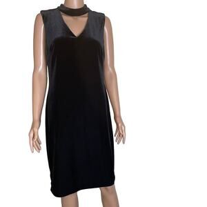 Calvin Klein dress velour velvet Halter neckline black sleeveless back zip up LG